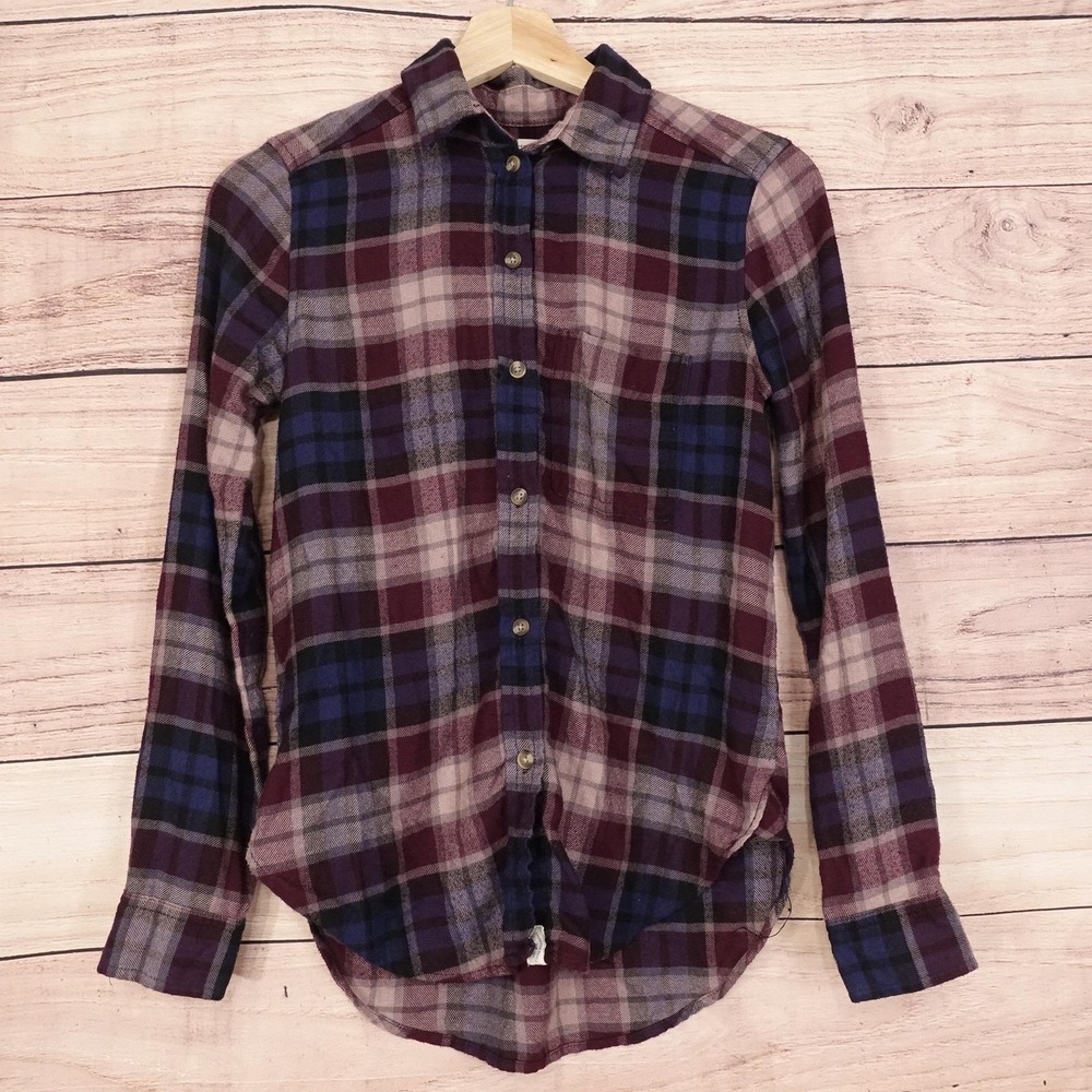 American Eagle Shirt Womens XXS Plaid Flannel Boyfriend Fit Blue Burgundy Soft